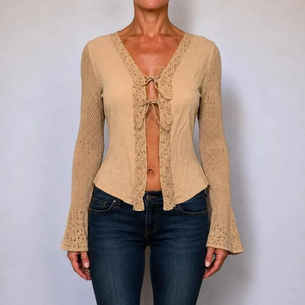 2000s Boho Fairy Tan Beaded Crochet Bell Sleeve Tie Front Blouse Cardigan Size M